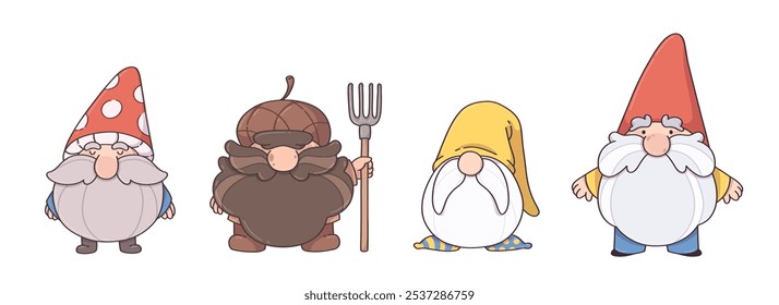 Garden dwarf from Thanksgiving fairytale cartoon. Mushroom and acorn funny character with hat, big nose, beard and mustache. Mythology figurine mascot clipart design for children fairy tale.