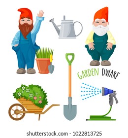 Garden dwarf, working tools for gardening, metal spade, watering can
