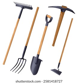 Garden and earthwork tools. Shovel rake pick pitchfork and hoe. Vector illustration.