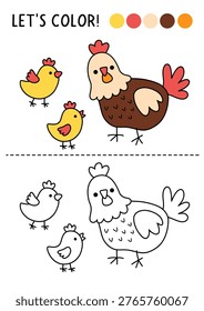 Garden, Easter or farm coloring page for children with cute hen and chicks. Vector spring outline illustration. Color book for kids with colored example. Drawing skills printable worksheet
