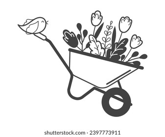 Elemento de jardín del conjunto en el diseño de la línea negra. El encanto rústico de un tema de jardín con esta ilustración de líneas negras con una carretilla de jardín. Ilustración vectorial.
