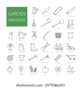 garden element, garden tools with simple line graphic and text