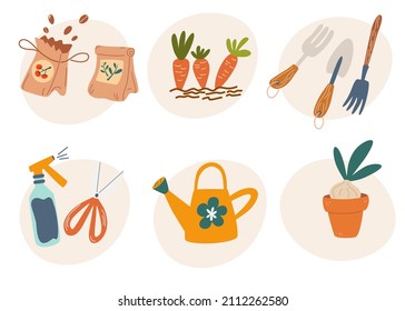 Garden elements. Cute garden work hand drawn elements. Watering can, scissors, shove,l rake, seeds, sprouts. Gardening tools icon. Vector cartoon illustration isolated on the white background.