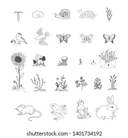 Garden elements doodle collection in country style. Wild herbs and animals sketches set. Black and white coloring design forest objects.