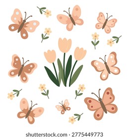 Garden elements featuring butterflies, tulip flowers, and small blossoms in flat sticker style.