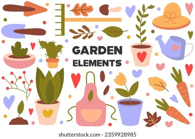 Garden elements flat cartoon set. A charming cartoon design illustration set featuring various garden elements in playful and colorful style. Vector illustration.