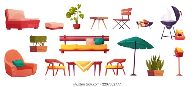 Garden elements isolated constructor elements set. Street furniture armchair, couch, table with chairs, flowers, bbq grill, umbrella, birds house for outdoor relax, Cartoon vector illustration, icons