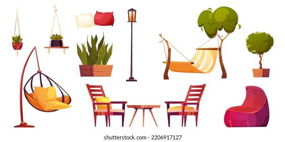 Garden elements isolated set. Furniture, hammock, street lamp, beanbag and suspended armchair, flowers, table with chairs constructor for outdoor cafe or terrace Cartoon vector illustration, icons