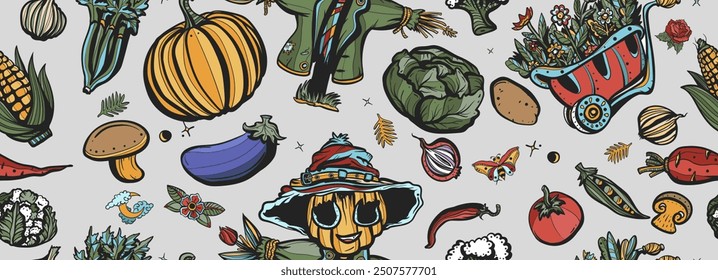 Garden elements seamless pattern. Autumn harvest concept. Scarecrow, watering can, garden cart, boots, shovel