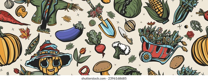 Garden elements seamless pattern. Vegetables. Scarecrow, watering can, garden cart, boots, shovel, secateurs. Old school tattoo style