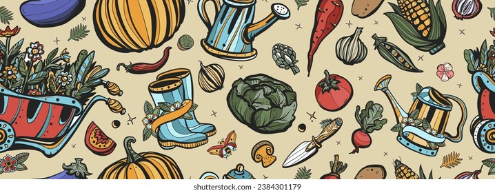 Elementos de jardín y verduras. Patrón sin fisuras vectorial del tatuaje de la vieja escuela. Espantapájaros, latas de riego, carrito de jardín, с basura, calabaza, remolacha, tomate, maíz. Fondo de cultivo de alimentos naturales