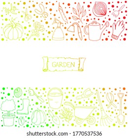  Garden elements.Garden tool. Separate elements for gardening. Doodle style. Vector isolated illustration with a shovel, bucket, gloves, rake, plant, cart, scissors. Vegetables on a white background. 