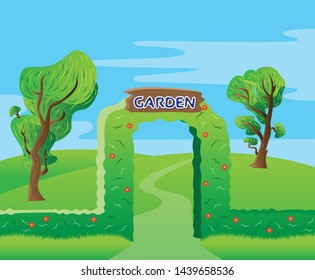garden entrance gate green background, landscape