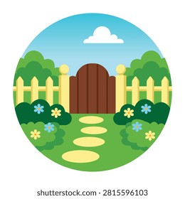 Garden entrance gate with hedges, trees, flowers, and bright pathway.