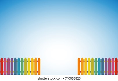 Garden entrance lined with two rainbow colored jolly fences - vector illustration on blue sky gradient background and luminous white center.