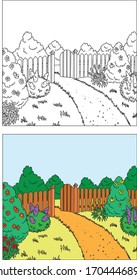 Garden environment background vector drawing, line art and colored