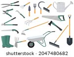 Garden equipment .A set of vector illustrations on the topic of gardening.Shovel, rake,hoe, fork pruners, garden scissors, garden wheelbarrow, watering can, rubber boots, garden hacksaws and axe.