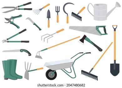 Garden equipment .A set of vector illustrations on the topic of gardening.Shovel, rake,hoe, fork pruners, garden scissors, garden wheelbarrow, watering can, rubber boots, garden hacksaws and axe.