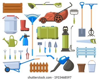 Garden equipment. Agriculture gardening work tools, lawn mower, shovel, watering equipment and rake. Gardening instruments vector illustration set. Lawn mower and wheelbarrow, equipment gardening