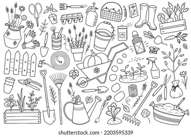 Garden equipment collection, doodle icons of plants and gardening tools, wheelbarrow, soil, flowerpots, agricultural set of vector illustrations, isolated outline clipart on white background