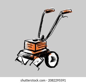 Garden equipment. Cultivator. Illustration in the style of careless sketch and scrapbooking.