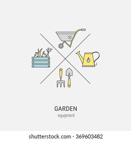 Garden equipment flat line concept. Vector logo  made in minimalist modern style.  Tools and materials for working in garden.