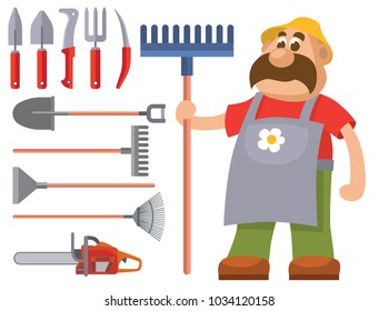Garden equipment flat set vector gardener character with rake illustration agriculture farming tools