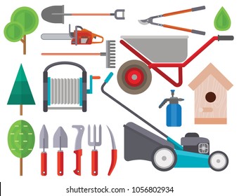 Garden equipment flat set vector gardener character with rake illustration. agriculture farming tools