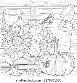 Garden equipment and flowers.Harvesting.Coloring book antistress for children and adults. Illustration isolated on white background.Zen-tangle style. Hand draw