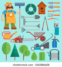 Garden equipment and gardener vector farmer flat set character with beard and rake illustration. Set of agriculture farming tools on white. Spring garden equipment flat set watering green plants