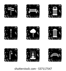Garden equipment icons set. Grunge illustration of 9 garden equipment vector icons for web