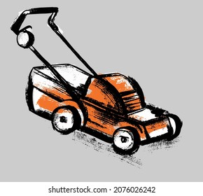 Garden equipment. Lawn mower. Illustration in the style of careless sketch and scrapbooking.