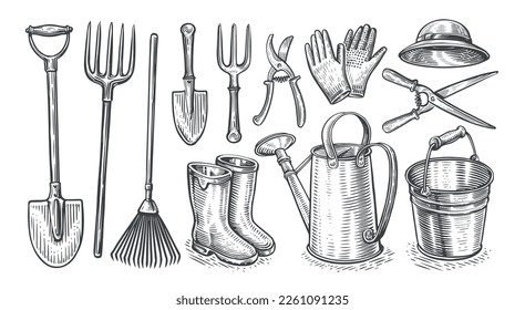 Gartenausstattung. Pitchgabel, Schaufel, Rake, Tränkdose, Eimer, Gartenschere, Hut, Stiefel, Handschuhe. Tools-Set