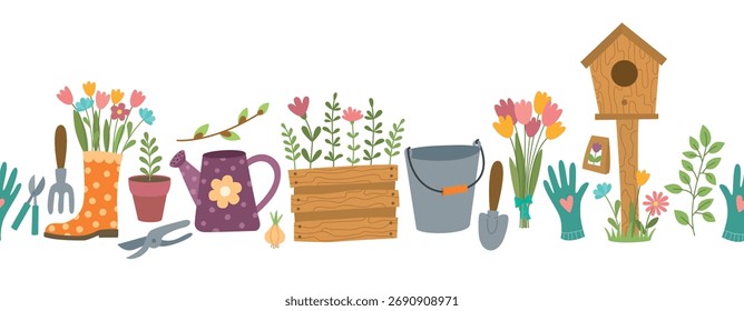 Garden equipment seamless border isolated on white. Cute horizontal pattern with flowers and tools