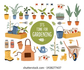 Garden equipment set. Agriculture tools. Farm or planting plants, seeds, watering can, bucket, wheelbarrow, wooden box, seedling, pots, rubber boots and gloves. Flat cartoon vector illustratration.