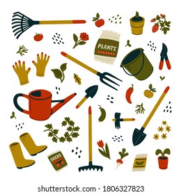 Garden equipment set. Different types of tools for gardening. Vector illustration in flat cartoon style on white background