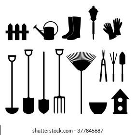 Garden equipment. Set of silhouettes of objects garden tools.