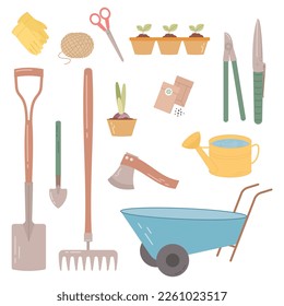 Garden equipment, tools isolated on white background. Seasonal garden work. Spring vector llustration.