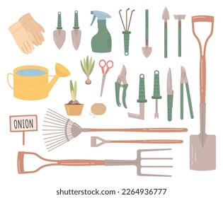 Garden equipment, tools isolated on white background. Seasonal garden work. Spring vector llustration.