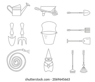 Garden equipment, watering can, bucket, wheelbarrow, bayonet shovel, pitchfork, gnome, shovel, brush, hose, kit, rake