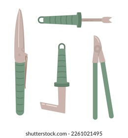 Gartenmöbel, Werkzeuge einzeln auf weißem Hintergrund. Saisonale Gartenarbeit. Frühlingsvektorgrafik.