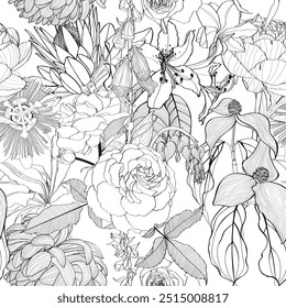 Garden exotic line flowers illustration. Tulip, digitalis, gladiolus spring flower drawings. Line art on white seamless pattern.