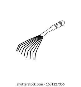 Garden fan rake in hand drawn doodle style isolated on white background. Vector outline stock illustration. Gardening element. Coloring book. Tool for working in the garden and the vegetable garden.