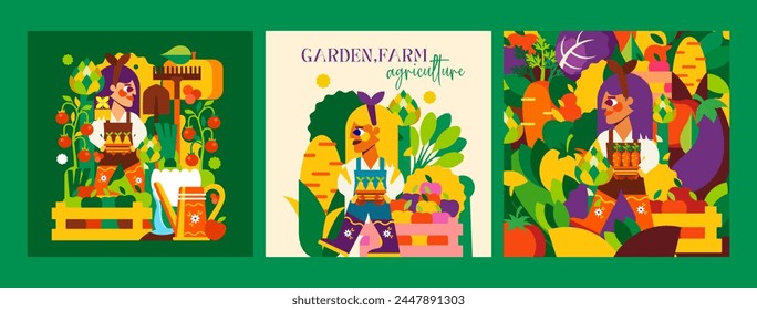 Garten, Landwirtschaft und Landwirtschaft. 3 helle Illustrationen von Gärtnern, Bauern, Natur und eine reiche Ernte. Ideal für Werbung, Poster, Hintergrund oder Karte.