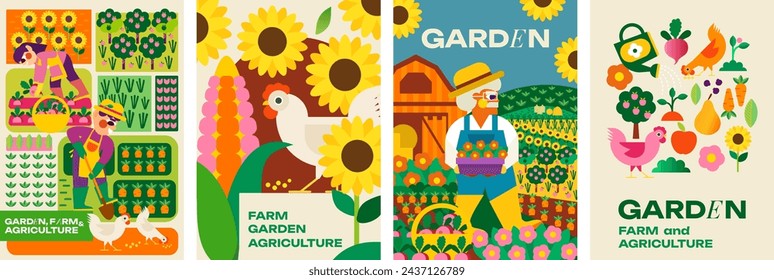 Jardín, granja y agricultura. Ilustraciones brillantes de un jardinero, jardín, campo, granja, naturaleza y cosecha. Ideal para publicidad, póster, fondo o postal.