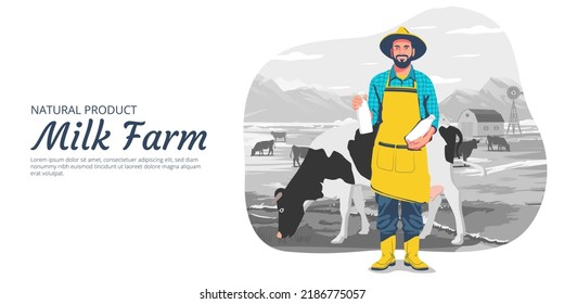 Garden, Farm And Agriculture Flat Vector Illustration Ad Template With Place For Your Text. The Farmer Harvests Apples, Feeds Farm Animals, Transports Fruit. Design For Banner, Web, Flyer, Brochure.