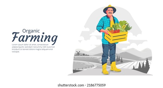 Garden, farm and agriculture flat vector illustration ad template with place for your text. The farmer harvests apples, feeds farm animals, transports fruit. Design for banner, web, flyer, brochure.