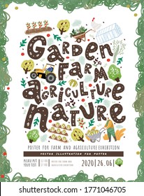 Garden Farm Agriculture Nature! Vector cute illustrations of grows organic vegetables, farmer carries wheelbarrow, gardener, trees, tractor. Drawings with lettering for poster, banner of exhibition