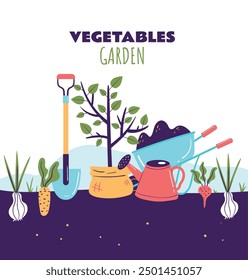 Garden farm agriculture plant vegetables composition concept. Vector flat graphic design element illustration