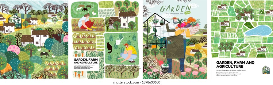 Garden, Farm And Agriculture. Vector Illustration Of Gardener, Garden Beds, Fields, Maps, Houses, Nature, Greenhouse And Harvest. Drawings For Poster, Background Or Postcard
